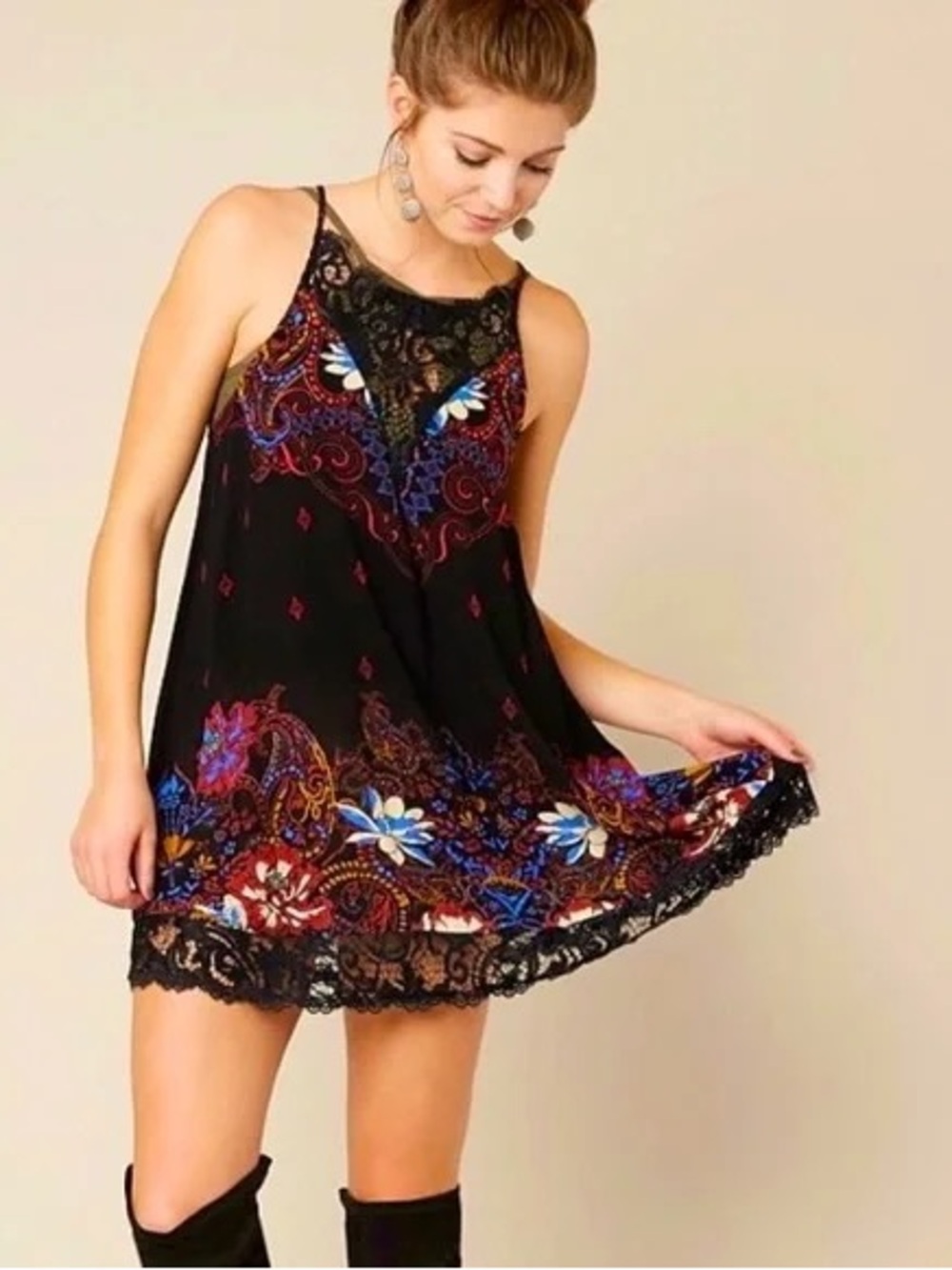 Free People Black Floral Lace-Trim Mini Dress